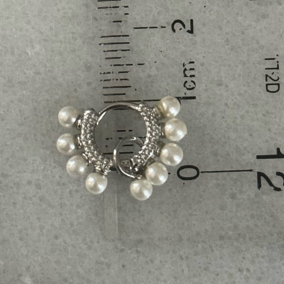 Sterling Silver Pearl Pave Dangle Huggie Hoop Earrings Brand New - Picture 3 of 3